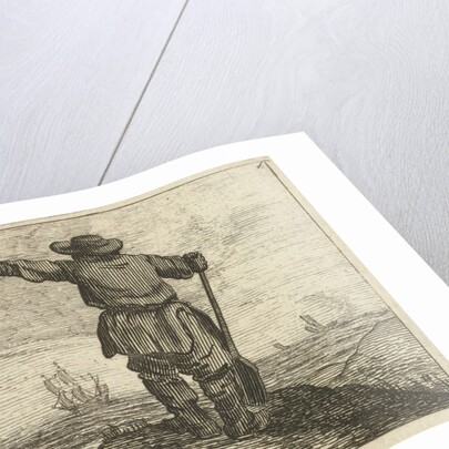 Dune landscape with a waving man leaning on a shovel by Jan Porcellis