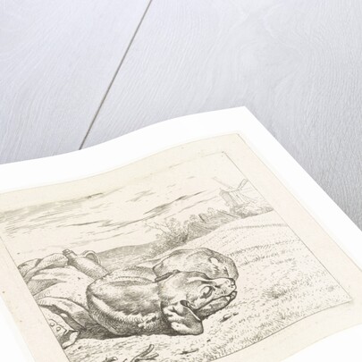 Sleeping dog with windmill in the background by Wouter Johannes van Troostwijk