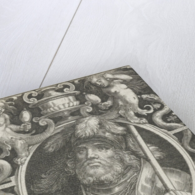 Portrait of Joshua medallion inside rectangular frame with ornaments by Nicolaes de Bruyn