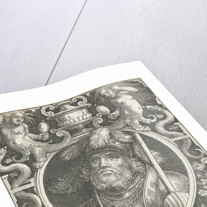 Portrait of Joshua medallion inside rectangular frame with ornaments by Nicolaes de Bruyn