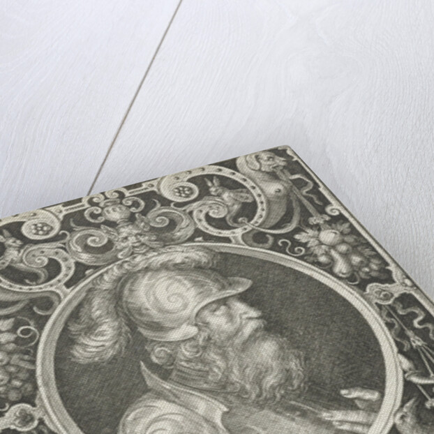 Portrait of Alexander the Great in medallion inside rectangular frame with ornaments by Nicolaes de Bruyn