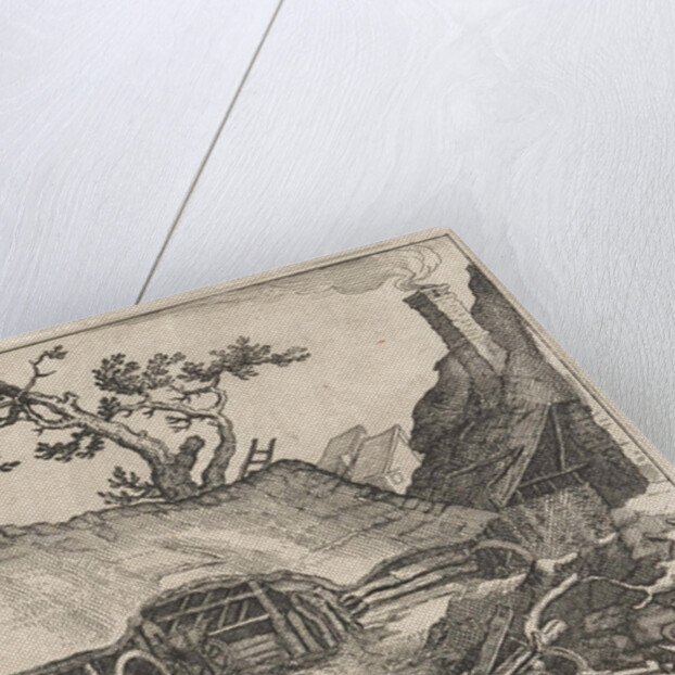 A farm, a man and a barking dog by Boetius Adamsz. Bolswert