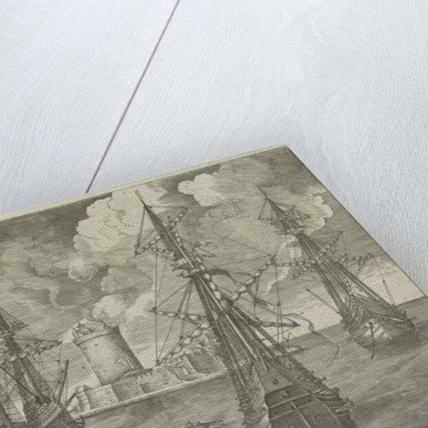 Three warships at anchor near a lighthouse by Anonymous