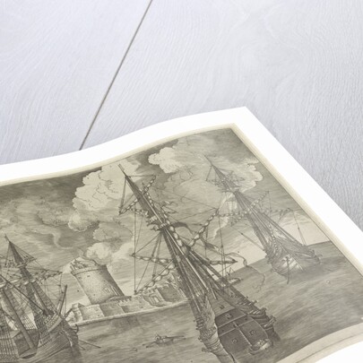 Three warships at anchor near a lighthouse by Anonymous