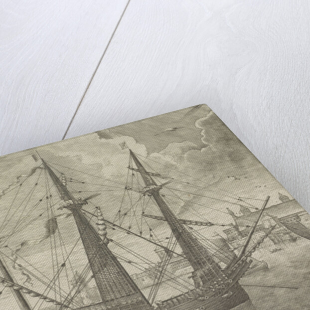 Three-master anchor at a town by unknown