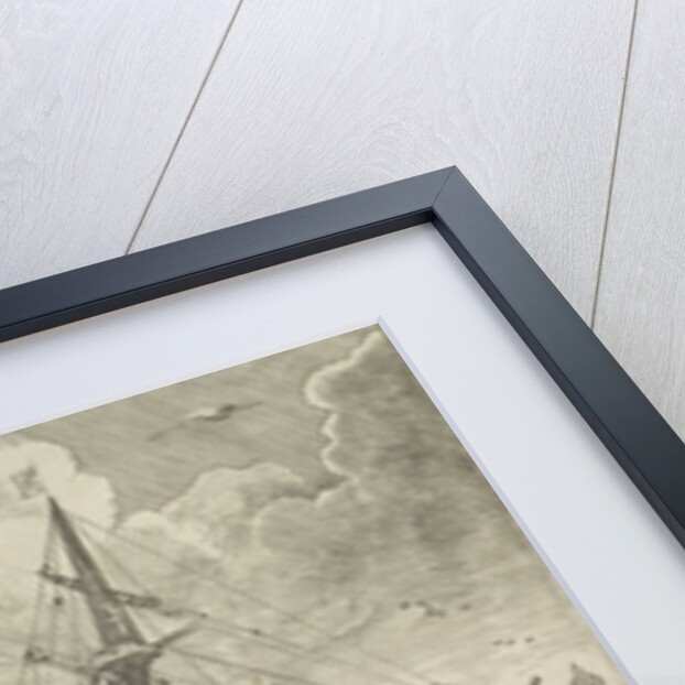 Three-master anchor at a town by unknown