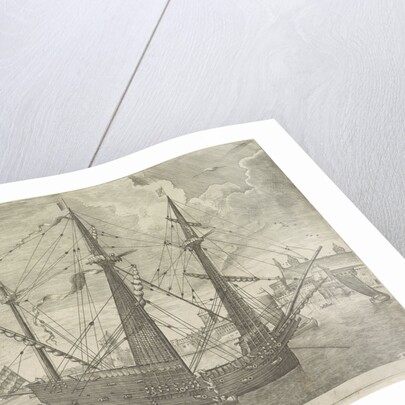 Three-master anchor at a town by unknown