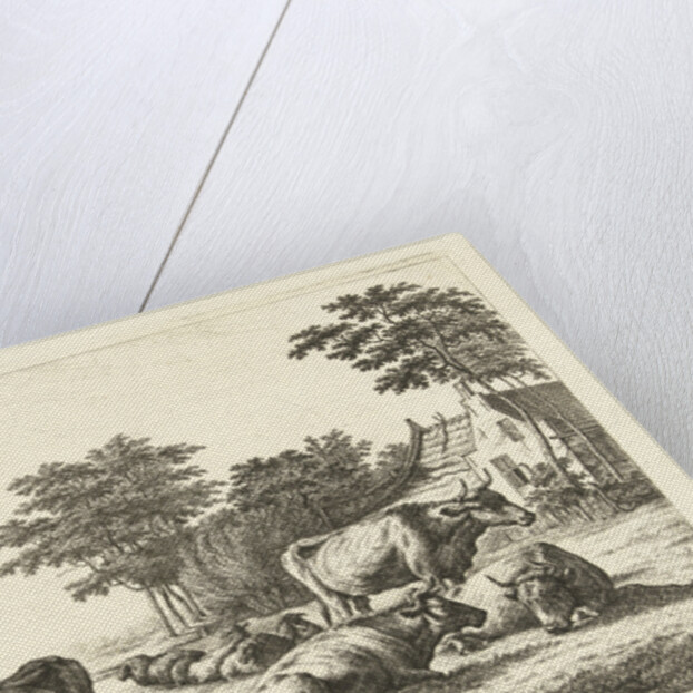 Cows and sheep lying in meadow before a farm by John of Cuylenburgh