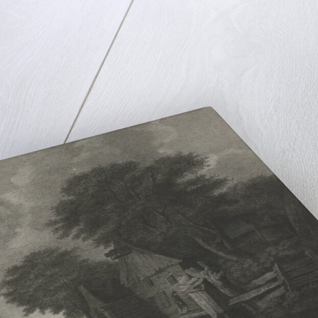 Village with wooden houses by a river by Lambertus Antonius Claessens