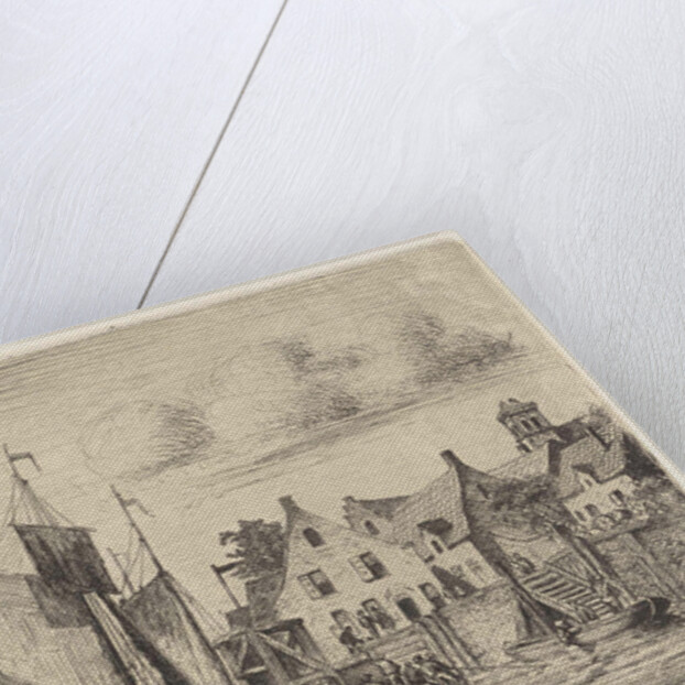 Sailing ships and boats at the wharf in a village by Henri Adolphe Schaep