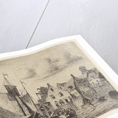 Sailing ships and boats at the wharf in a village by Henri Adolphe Schaep