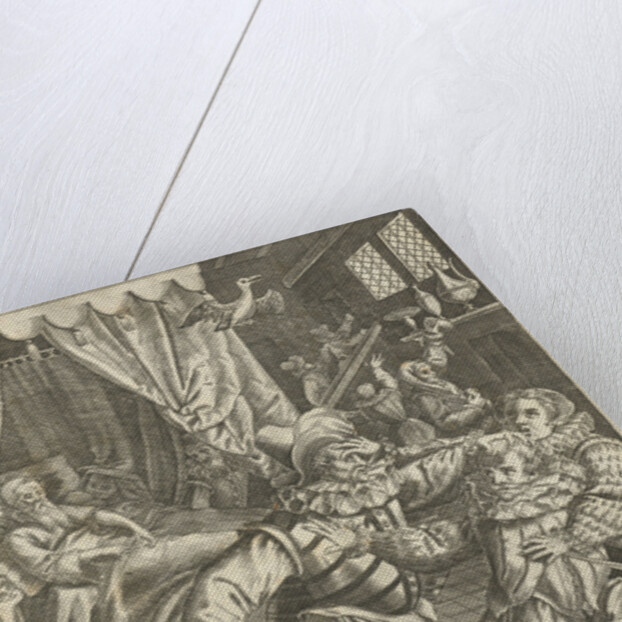 Tenth life phase of hundred years with dying man and fight for his inheritance by Pieter Goos