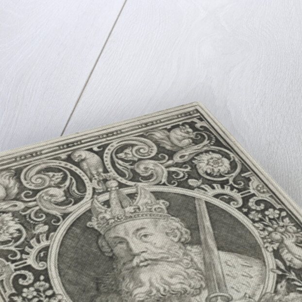 Portrait of Charlemagne in medallion inside rectangular frame with ornaments by Anonymous