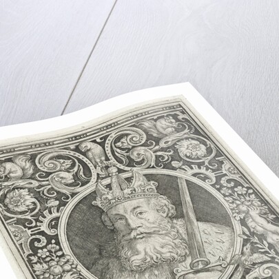 Portrait of Charlemagne in medallion inside rectangular frame with ornaments by Anonymous