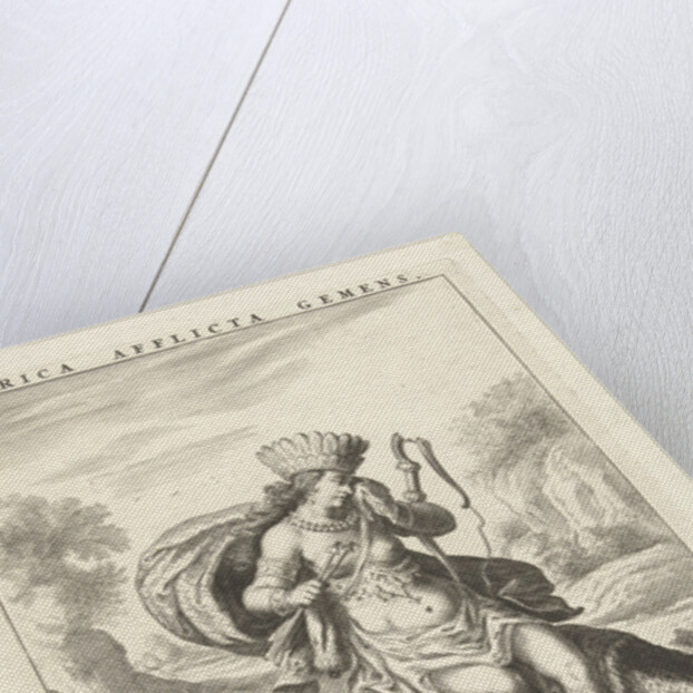 Female personification of America as a woman with headdress of feathers and bows, sitting on a caiman by Claes Jansz. Visscher II