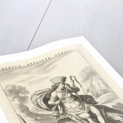 Female personification of America as a woman with headdress of feathers and bows, sitting on a caiman by Claes Jansz. Visscher II