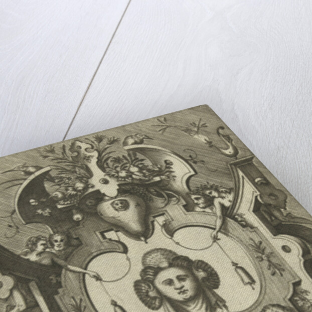 Cartouche with the head of a woman wearing three shells in her hair by Hieronymus Cock