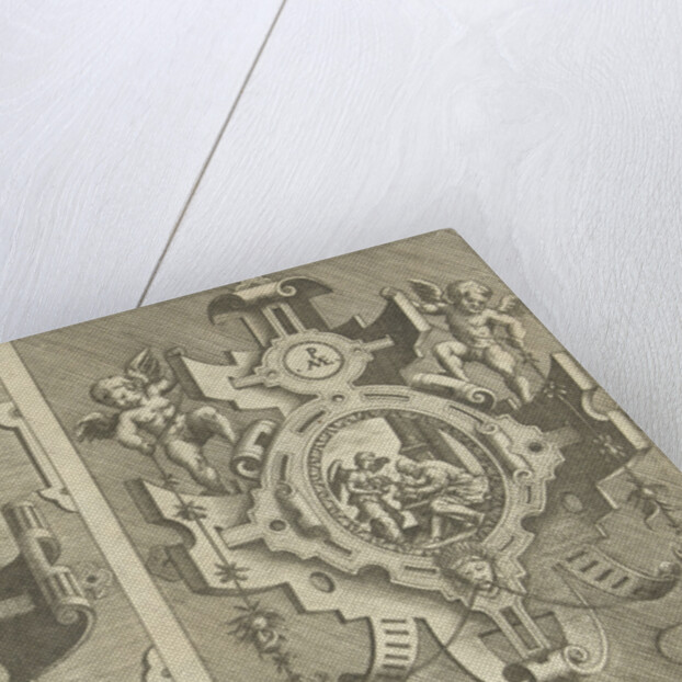 Two cartouches, each depicting an evangelist by Hieronymus Cock