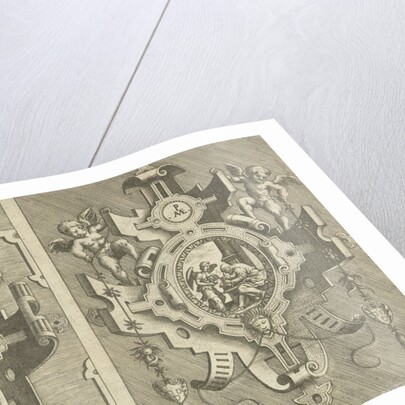 Two cartouches, each depicting an evangelist by Hieronymus Cock