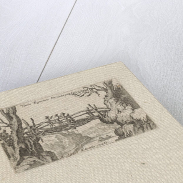 Three hikers on a wooden bridge and rowing boat before a stone bridge by Frederik de Wit