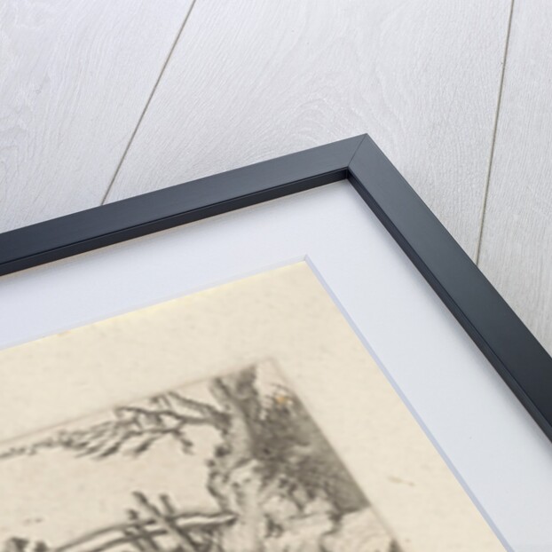 Three hikers on a wooden bridge and rowing boat before a stone bridge by Frederik de Wit