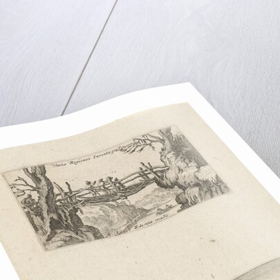 Three hikers on a wooden bridge and rowing boat before a stone bridge by Frederik de Wit