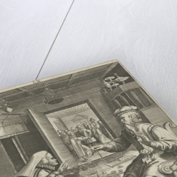 Sixth life of sixty years with man counting his money with his wife by Claes Jansz. Visscher II