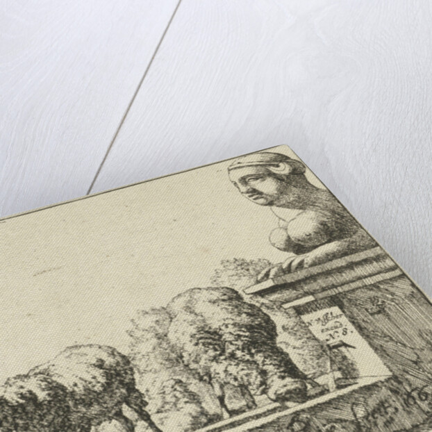 Two sheep at a trough by Nicolaes Visscher I