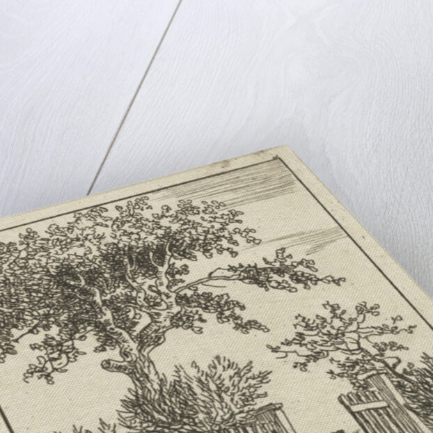 Man with wheelbarrow walking through a fence by Anthonie van den Bos