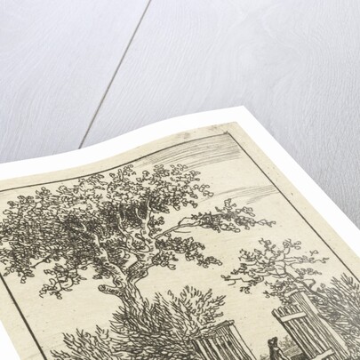 Man with wheelbarrow walking through a fence by Anthonie van den Bos