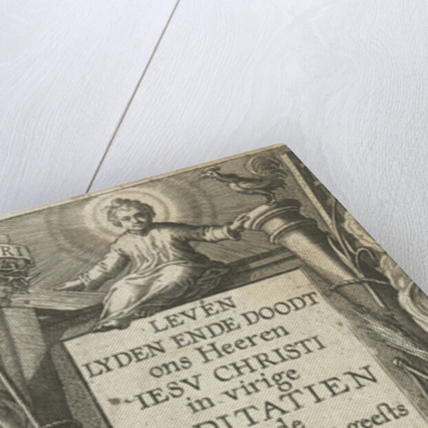 Frame for title with Christ Child and Christ dead and two angel with passion tools by Boëtius Adamsz. Bolswert