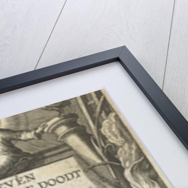 Frame for title with Christ Child and Christ dead and two angel with passion tools by Boëtius Adamsz. Bolswert