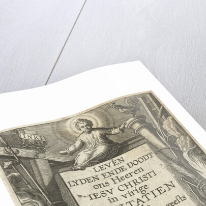 Frame for title with Christ Child and Christ dead and two angel with passion tools by Boëtius Adamsz. Bolswert