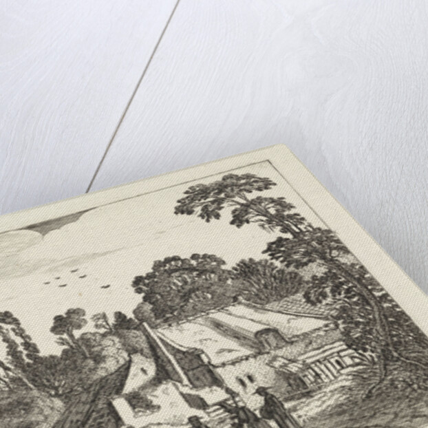 Figures on a country road near a farm by Jan van de Velde II