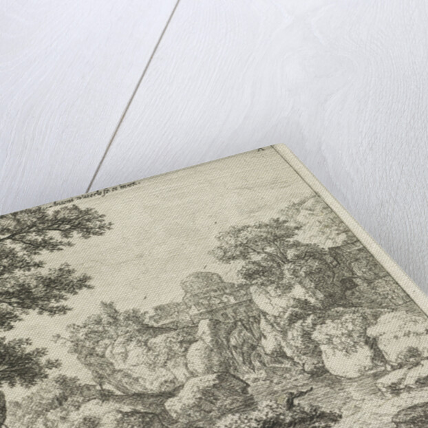 Cityscape with a waterfall by Anthonie Waterloo