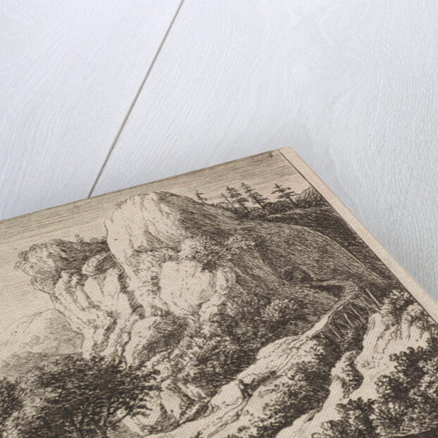 Wooden bridge with a rock, Anthonie Waterloo by Reinier and Josua Ottens