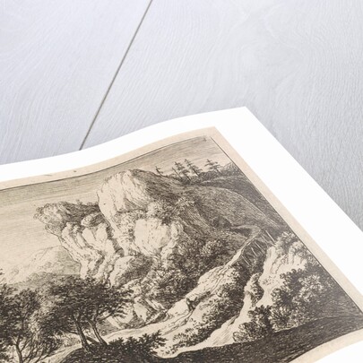 Wooden bridge with a rock, Anthonie Waterloo by Reinier and Josua Ottens