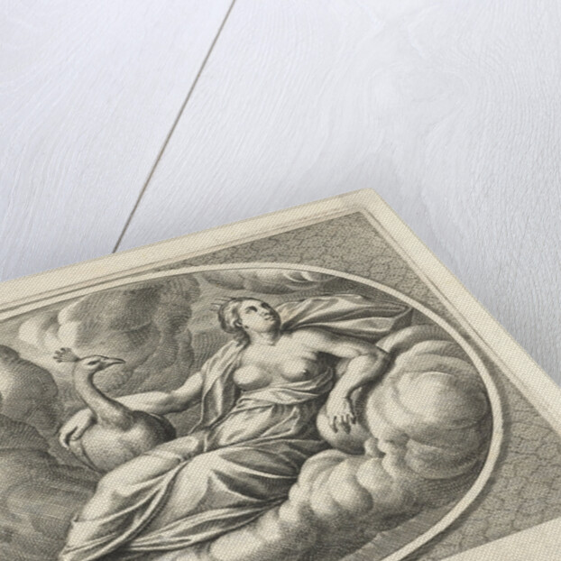 Female personifcatie element of air as the goddess Juno with peacock by Cornelis van Dalen II