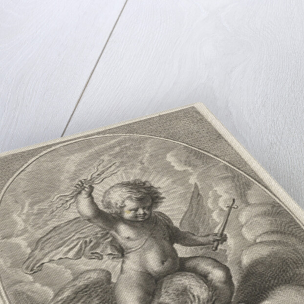 Element fire as a child with lightning bolts on back of eagle by Adriaen Collaert