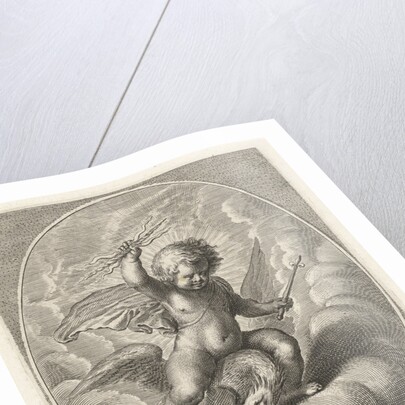 Element fire as a child with lightning bolts on back of eagle by Adriaen Collaert