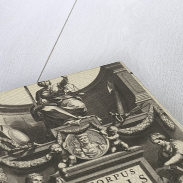 Justice enthroned above portrait of Justinian on base with title flanked by Temperance and Prudence by Lowijs Elzevier III and Daniel