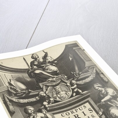 Justice enthroned above portrait of Justinian on base with title flanked by Temperance and Prudence by Lowijs Elzevier III and Daniel