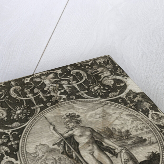 Medallion with Minerva with spear and shield with Medusa head in frame of grotesques with flowers, garlands by animals and mascarons