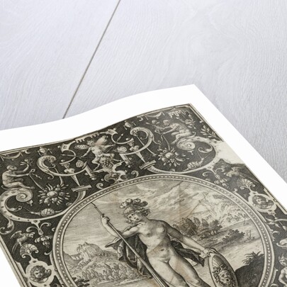 Medallion with Minerva with spear and shield with Medusa head in frame of grotesques with flowers, garlands by animals and mascarons