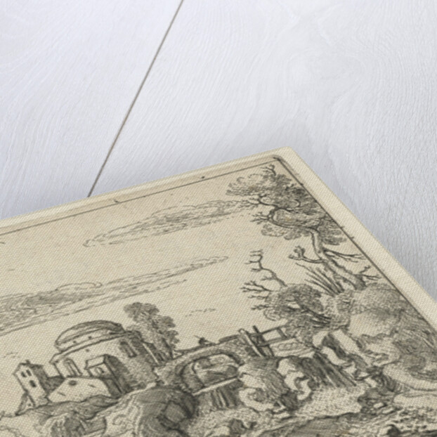 Bridge over waterfall next round building with a dome by Esaias van de Velde