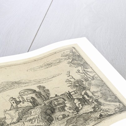 Bridge over waterfall next round building with a dome by Esaias van de Velde