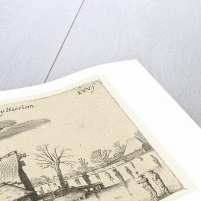 Farm in a frozen river with skaters by Anonymous