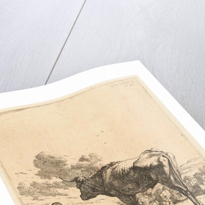 Shepherd with an ox and calf in a village by Karel Dujardin