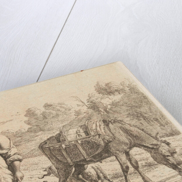 Woman and donkey standing in shallow water, a dog jumps up on her feet by Karel Dujardin