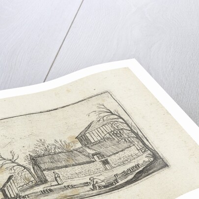 Frozen river with skaters on a farm by Johannes Pietersz. Berendrecht